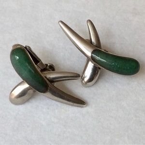 Sigi Pineda Silver & Nephrite Jade Clip Earrings - Stamped - circa 1950s